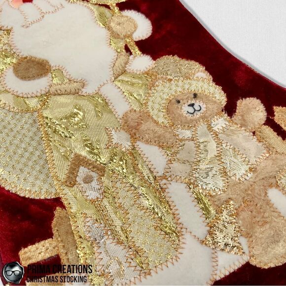 VINTAGE CHRISTMAS STOCKING FELT APPLIQUÉD SANTA & GIFTS ON VELVET IN RED & GOLD - Picture 8 of 13